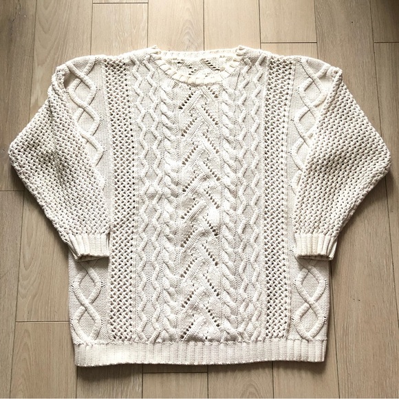 Hand Knit Cable Knit Drop Shoulder Lace Detailed Sweater in White - Picture 1 of 10